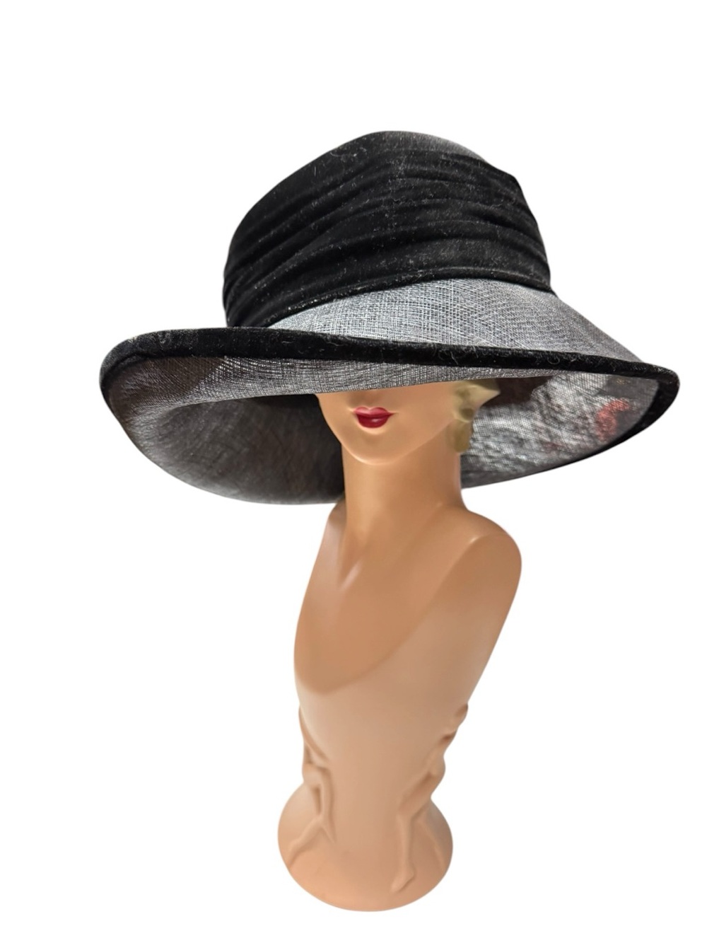 Vintage Peter Bettley Black Wide-Brim Velvet Dress Hat Bow Detail 14”